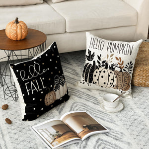 Fall Hello Pumpkin Leaves Throw Pillow Covers, 18 x 18 Inch Autumn Thanksgiving Harvest Polka Dot Black Decorations