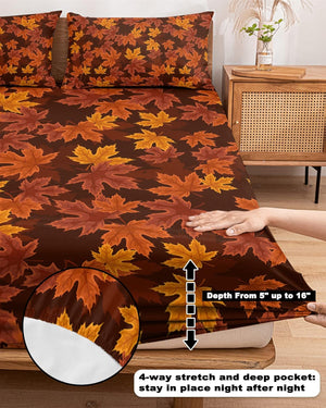 Autumn Maple Leaves Fitted Sheet Set for Queen Size Bed 3 Pieces Bedding Sheets-Deep Pocket Bedsheet Fits Mattress Upto 16"