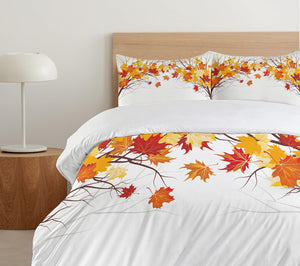 Fall Duvet Cover Set, Image of Canadian Maple Tree Leaves in Autumn Season Soft Reflection Effects, Decorative 3 Piece Bedding Set