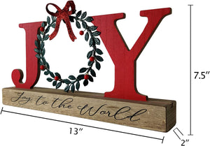 LED Lighted Joy Sign with Wreath Farmhouse Wooden Rustic Tabletop Decorative Sign