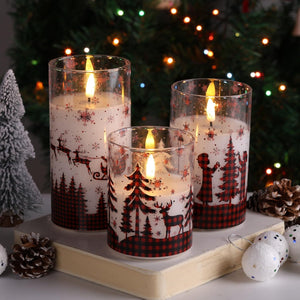 Red Buffalo Plaid Christmas Flameless Candles with Remote, Flickering LED Pillar Candles in Glass, Set of 3