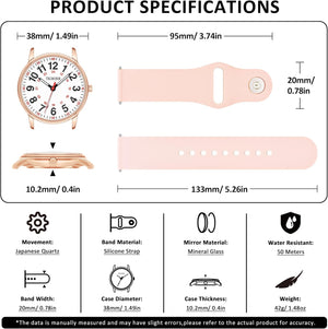 Nurse Watch for Nurse Medical Professionals Students Women Men, 50M Waterproof 12/24 Hour Military Time Luminouse Easy Read Dial, Rose PInk