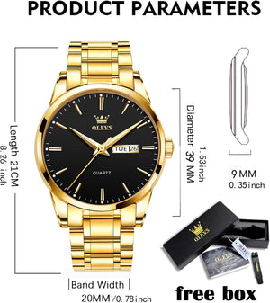 Classic Men Watches with Date,Stainless Steel Man Watch with Date, Bussiness Watches for Men, Gold Black Dial