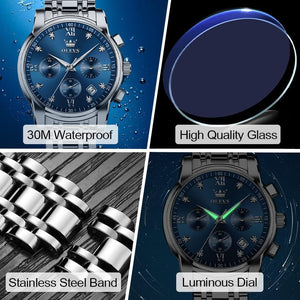 Men's Stainless Steel Chronograph Watch, Big Face Gold Silver Black Tone Easy to Read Analog Quartz Watch, Blue Face