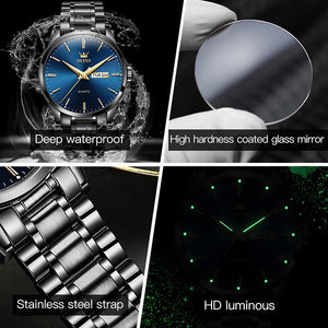 Men's Luxury Watch Waterproof Luminous Easy Read Chronograph Watches, black steel deep blue face