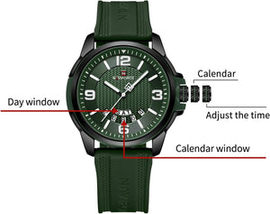 Waterproof Watch for Men Women, Analog Auto Date Military Sports Unisex Wristwatch,Silicone Strap, Green