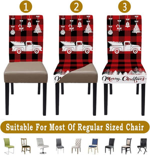 Set of 6 Car Print Dining Chair Slipcovers Stretch Xmas Parsons Chair Slipcovers, Red Buffalo Plaid