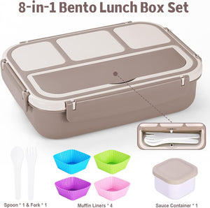 Bento Box Adult Lunch Box, Containers for Adults Men Women with 4 Compartments, Lunchable Food Container with Utensils, Brown