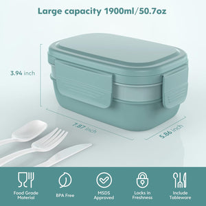 3 Stackable Bento Lunch Containers for Adults, Modern Minimalist Design Bento Box with Utensil Set, Green