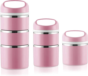 Stackable Stainless Steel Thermal Lunch/Snack Box, 3-Tier Insulated Bento Box with Portable Cutlery Set, 43OZ, Pink