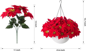 Artificial Fake Poinsettia Flowers Plants Hanging Basket for Christmas New Years Decoration, Faux Red Flower Realistic