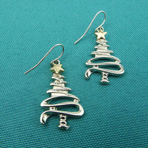 Cute Christmas Tree Piercing Dangle Earrings Golden Silver Two Tone Women Holiday Gift