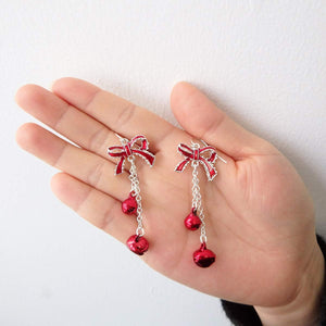 Lightweight Christmas Red Bow Knot Piercing Dangle Earrings Jingle Tassels Silver Plated Women Holiday Gift