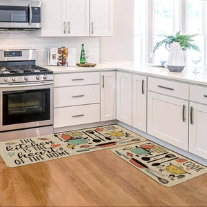 The Kitchen is The Heart of The Home Kitchen Mats Set of 2, Seasonal Cooking Sets Holiday, 17x29 and 17x47 Inch, Beige