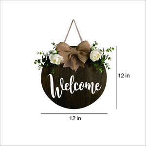 Welcome Wreaths Decor Sign Front Door, Round Wood Hanging Sign with Ribbon Bow and Artificial Green Leaves