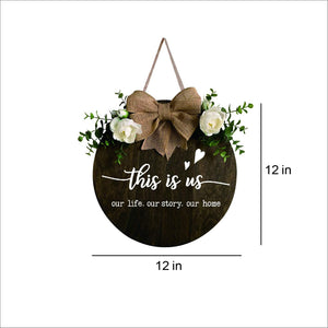 This is Us Wreaths Decor Sign Front Door, Round Wood Hanging Sign with Ribbon Bow and Artificial Green Leaves