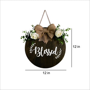 Blessed Wreaths Decor Sign Front Door, Round Wood Hanging Sign with Ribbon Bow and Artificial Green Leaves