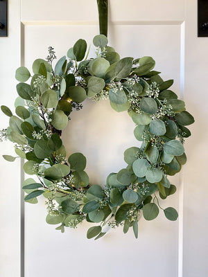 Eucalyptus Wreath for Front Door, 24 Inch Door Wreath with Lights, 80 LED Lights, Battery Operated