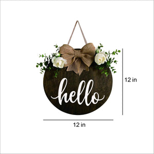 Hello Wreaths Decor Sign Front Door, Round Wood Hanging Sign with Ribbon Bow and Artificial Green Leaves