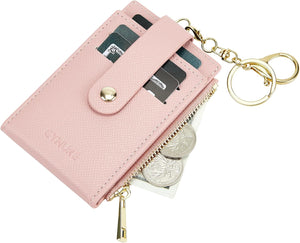 Women & Men Leather RFID Blocking Card Holder Slim Small Zipper Keychain Front Pocket Wallet with 2 ID Window, Pink