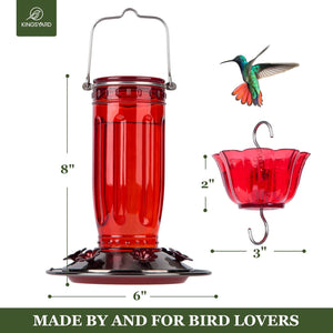 Glass Hummingbird Feeder for Outdoors Wild Bird Feeder with 6 Feeding Ports Hanging for Garden Yard, Red (Ant Moat Included)