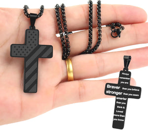 Cross Necklace for Men, Premium American Flag Stainless Steel with 24-Inch Lord's Prayer Pendant