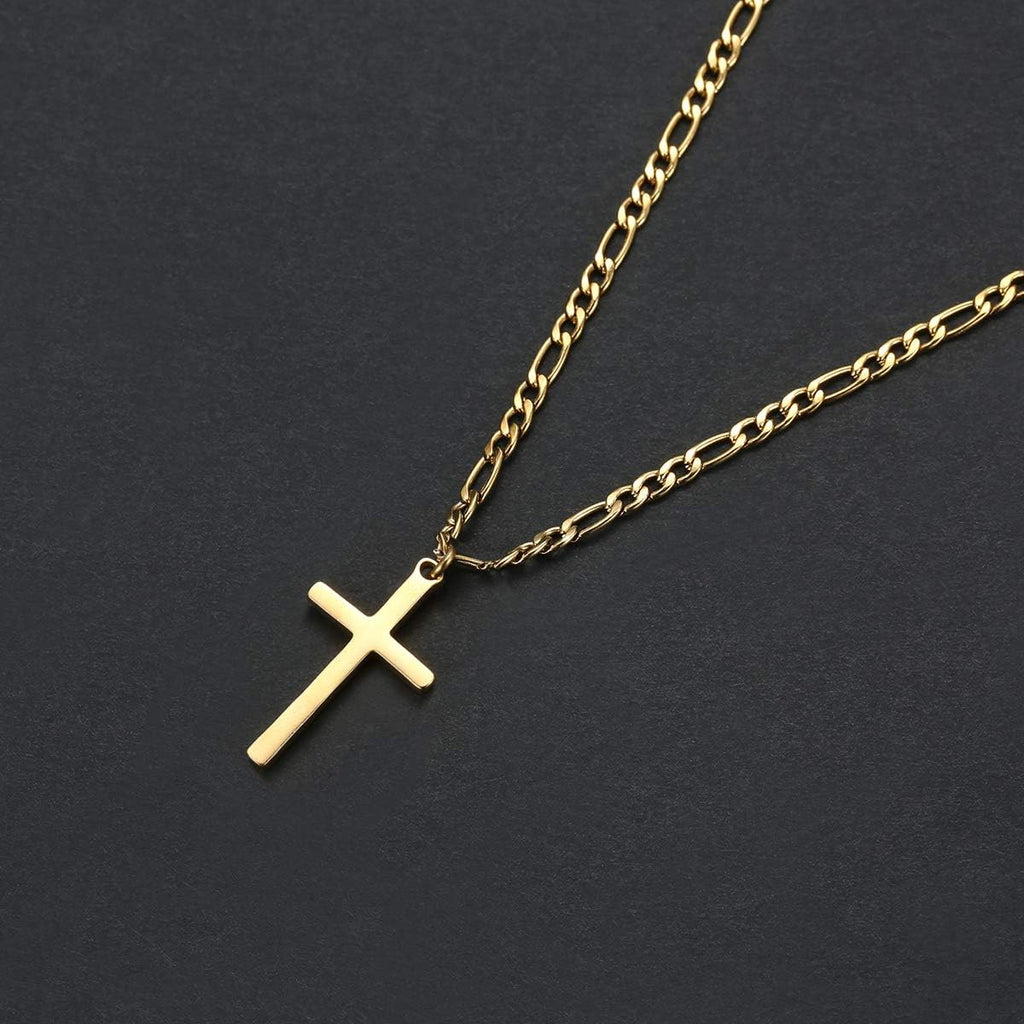 14K Gold Filled Cross Necklace for Men Figaro Chain Stainless Steel Plain Polished Cross Pendant