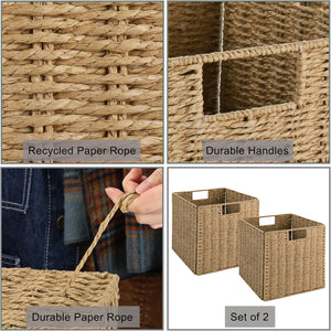Wicker Storage Basket, Set of 2 Hand-Woven Wicker Basket, 11 inch Storage Baskets for Organizing and Decor, Foldable Cube Storage Organizer Bins Baskets for Shelves, Woven Basket, Natural