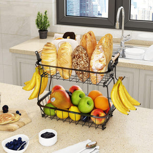 2 Tier Fruit Basket with 2 Banana Hangers, Countertop Fruit Vegetable Basket Bowl for Kitchen Counter Metal Wire Storage Basket Fruits Stand Holder Organizer for Bread Snack Veggies Produce