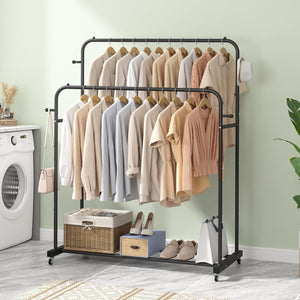 Double Rods Garment Rack with Wheels, Clothing Rack for Hanging Clothes,4 Hooks, Multi-functional Bedroom Clothes Rack, Black