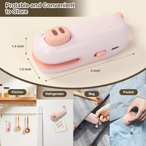 Mini Bag Sealer, USB-C Rechargeable Bag Sealer, Cute Little Pig Heat Seal, Gently Pull to Quickly Seal, Convenient for Storing Snacks, Fruits, Food, and Daily Necessities