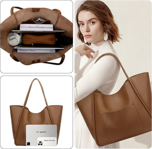 Tote Bag for Women Vegan Leather Shoulder Purse Large Capacity Travel Bag, Light Brown