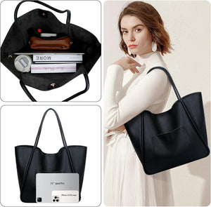 Tote Bag for Women Vegan Leather Shoulder Purse Large Capacity Travel Bag, Black