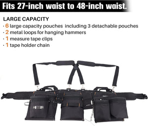 16-Pockets Tool Belts for man with Suspenders, Detachable & Adjustable Tool Pouches Bag & Back Support Tool belt Combo