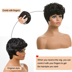 Short Pixie Wigs for Black Women Short Black Curly Pixie Wigs Synthetic Hair Wigs for Black Women Natural Wavy Black Pixie Cut Wig Short Curly Layered Pixie Wig for Women(Natural Black)