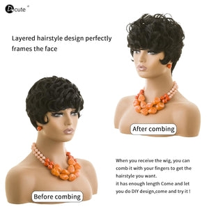 Pixie Cut Wigs Short Black Curly Pixie Wigs Layered Heat Resistant Wigs Pixie Cut Wig For Black Women Natural Wavy Wig with Bangs(black)