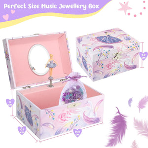 Musical Jewelry Box for Girls with Unicorn Jewelry Set, Kids Jewelry Box Music Box with Spinning Ballerina Birthday Gifts for Girls, Ballerina Swan Lake Tune