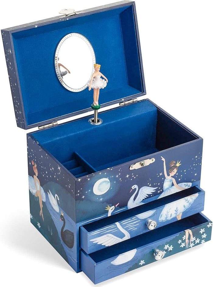 Ballerina Jewelry Box - Music Box for Girls - Little Girls Wooden Jewelry Set Container - 2 Pullout Drawers - Swan Lake Tune - Dreamy Blue Glitter Design - 6.75 x 5.25 x 6 inches