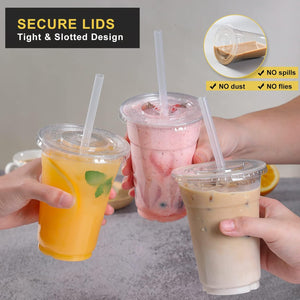 [100 Sets - 16oz] Plastic Cups with Lids and Straws, Disposable Cups for Iced Coffee, Smoothie, Milkshake, Cold Drinks - Clear