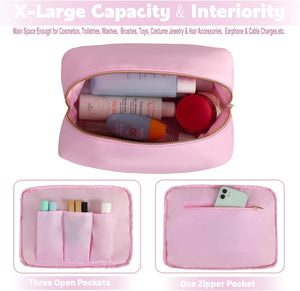 Large Makeup Bag Organizer Pink Toiletry Bag for Women Water-resistant Nylon Cosmetic Bag with Four Pockets (XL,Baby Pink)