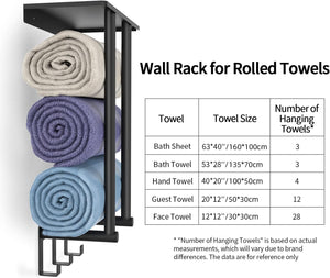 Bathroom Towel Rack Wall Mounted with Metal Shelf and 3 Hooks for Small Bathroom, Black, Round Tube