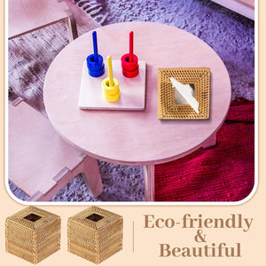 2 Pcs 5.5'' x 5.5'' x 5.5'' Square Rattan Tissue Box Cover Boho Wicker Tissue Cube Box Cover Decorative, Wood