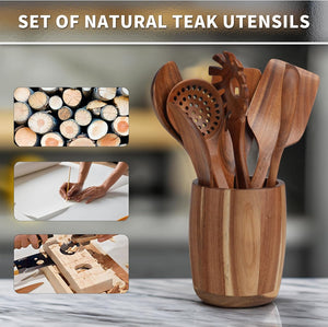 9 PCS Kitchen Utensils Set - Wooden Spoons for Cooking, Natural Teak Wooden Utensils - Includes Wooden Spoons