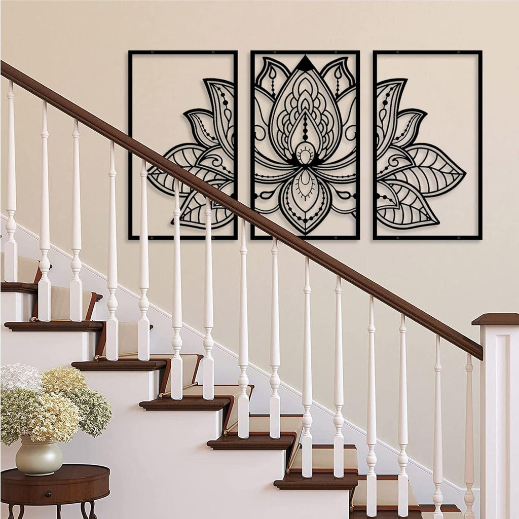 Large Lotus Flower Metal Wall Art 3-piece Set, Religion Faith Mandala Home Wall Decoration