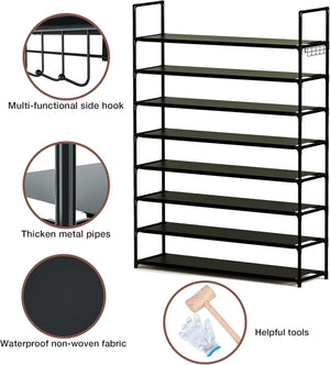 8 Tier Shoe Organizer, 33.3in Wide x 11.2in Deep x 55.7in Tall, Black Metal and Plastic Shoe Rack, Black