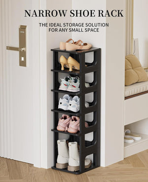 5 Tier Plastic Vertical Narrow Shelves for Closet Black Shoe Holder, Stand for Entryway Storage Boots Organizer Stackable Cabinet, Black