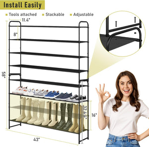 4 Tier Long Shoe Organizer for Closet Shoe Rack for Bedroom Closet Floor Shoe Shelf, Black