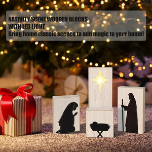 Wooden Nativity Scene with Shining Eternal Star, Black and White Christian Christmas Decorations