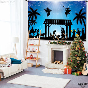 Large Holy Nativity Christmas Banner Manger Scene Party Decorations, 72x44 Inch, Jesus Shadow Blue