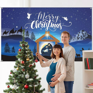 Merry Christmas Nativity Barn Birth of Jesus Backdrop Religious Xmas Photography Booth Prop Banner,  72.8 x 43.3 Inch